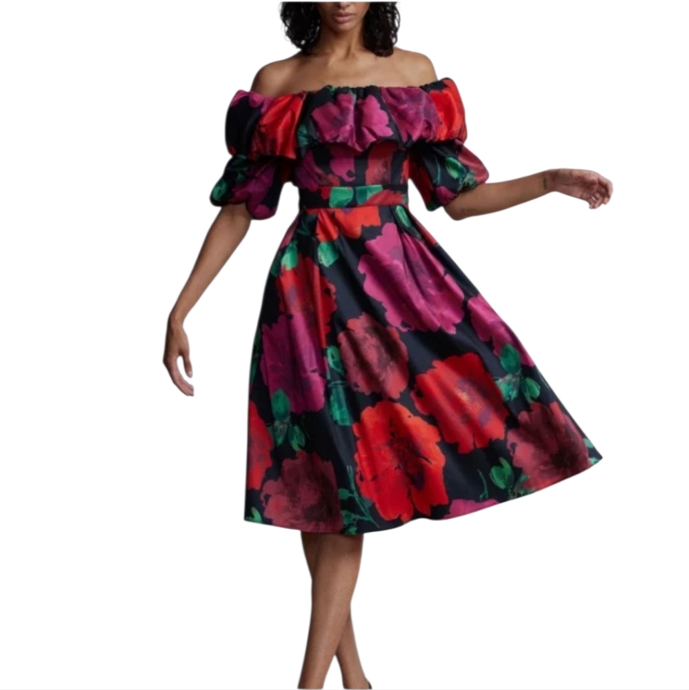 Nwt New York & Company Off Shoulder Black/Red Fushia Rose Puff Sleeve Midi Dress